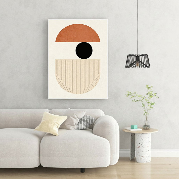 Wadi Home abstract geometric wall art with terracotta semi-circle, black circle, and textured neutral lower section.