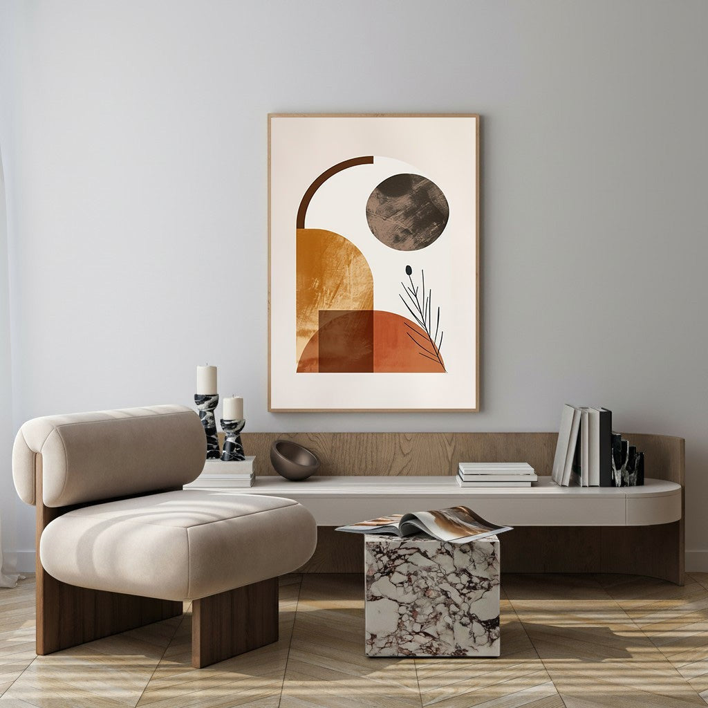 Wadi Home abstract geometric wall art with terracotta, ochre, and dark brown shapes and a single black branch detail.