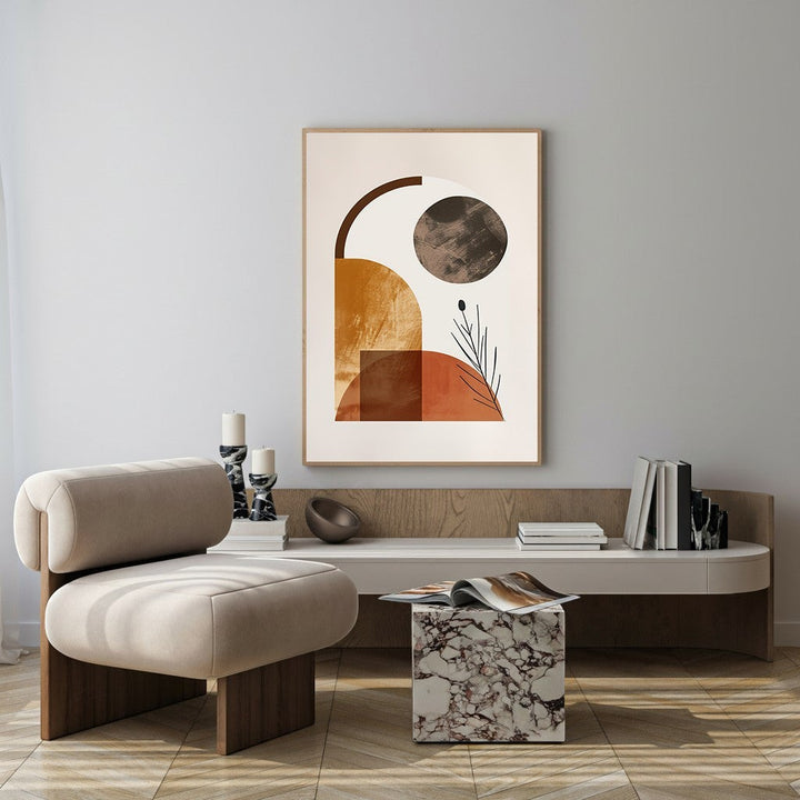 Wadi Home abstract geometric wall art with terracotta, ochre, and dark brown shapes and a single black branch detail.