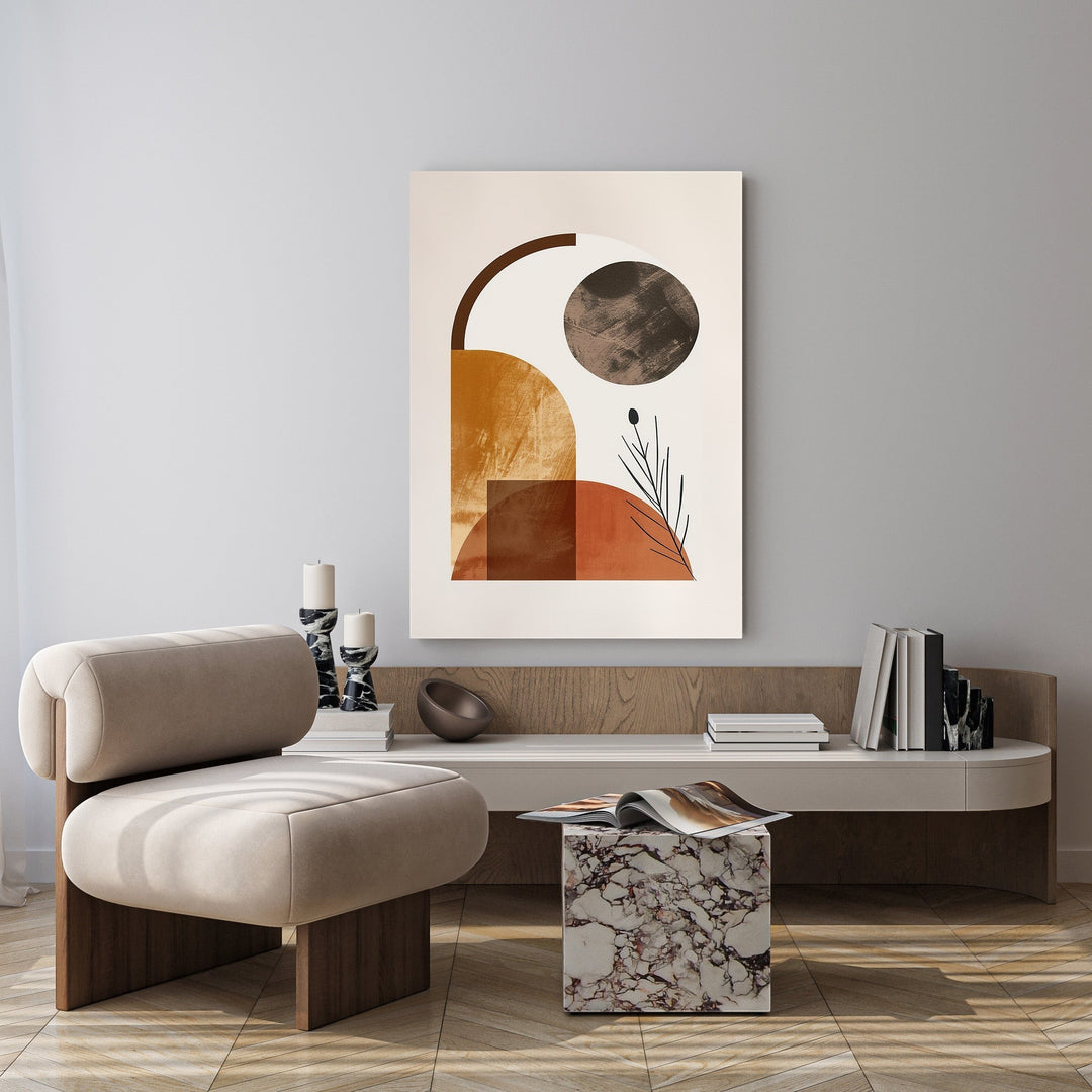 Wadi Home abstract geometric wall art with terracotta, ochre, and brown shapes and a dark circle. Modern minimalist design.