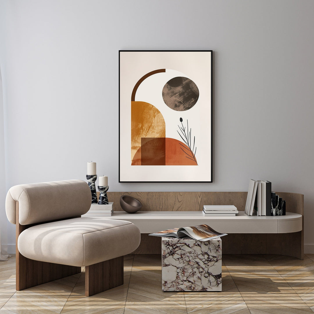 Wadi Home abstract geometric wall art with terracotta, ochre, and brown shapes. Framed with MDF and glass.