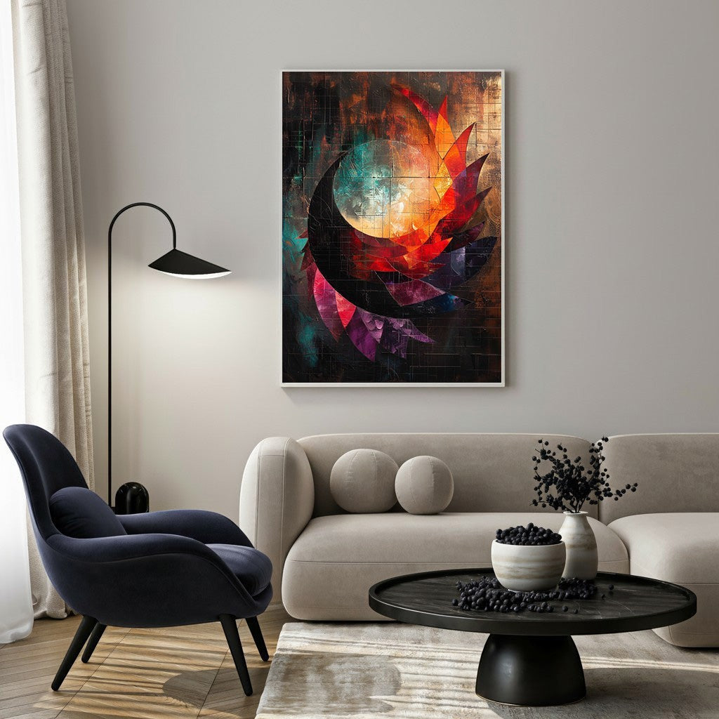 Wadi Home abstract geometric wall art with vibrant red, orange, and teal colors in a stained glass style.