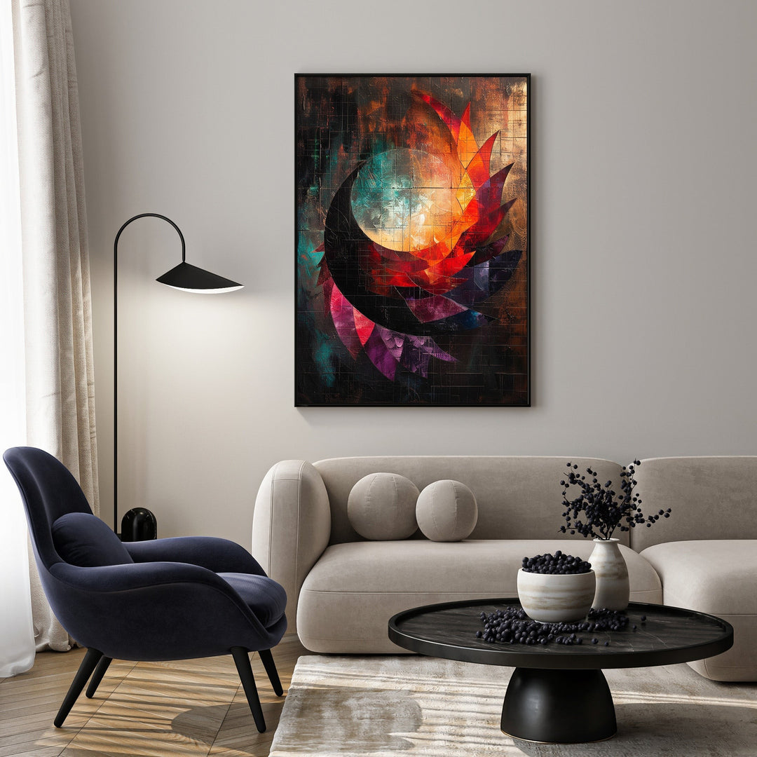 Wadi Home abstract geometric wall art with vibrant red, orange, teal, and purple hues, framed in black.