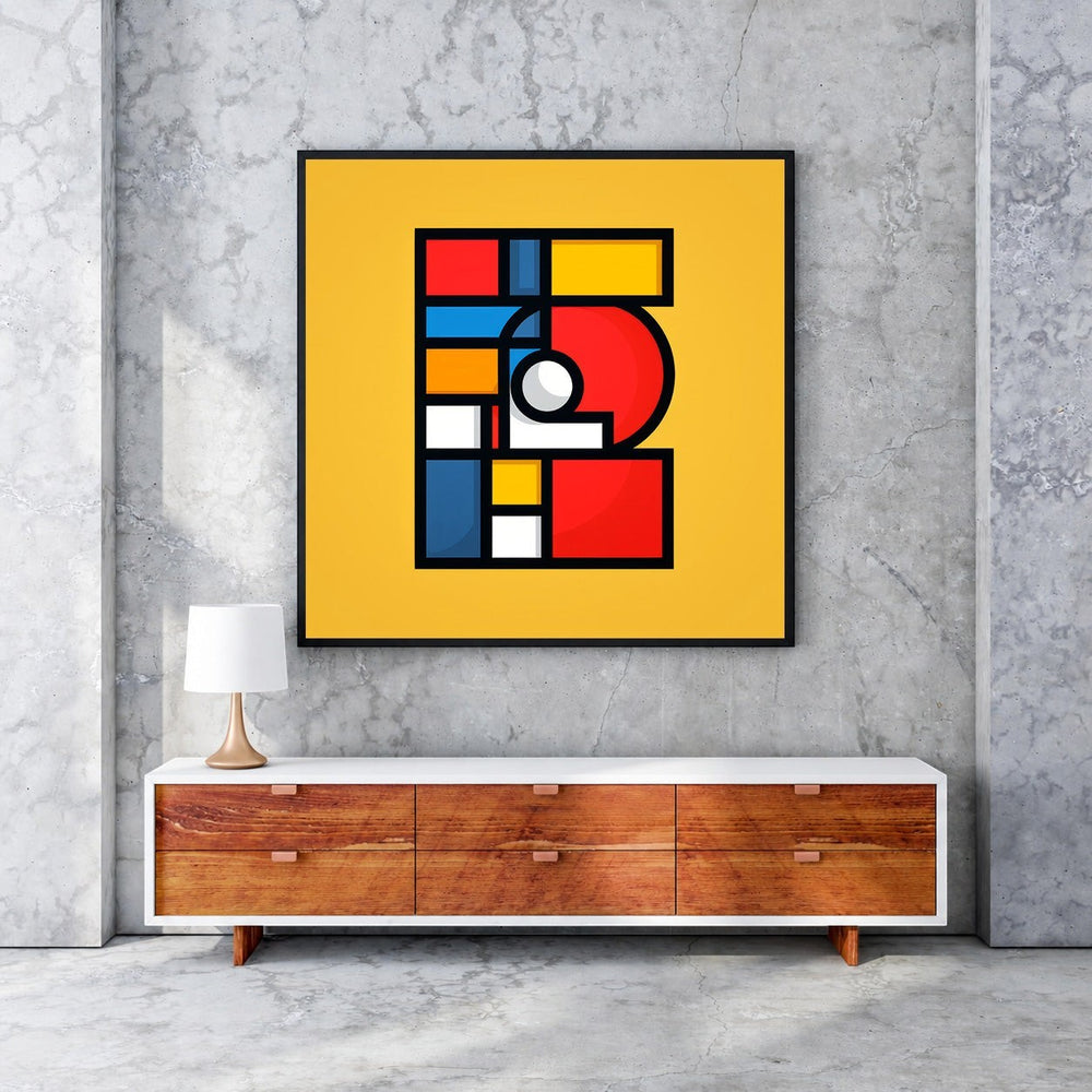 Wadi Home abstract geometric wall art with yellow background, red, blue, and white shapes. Modern art.