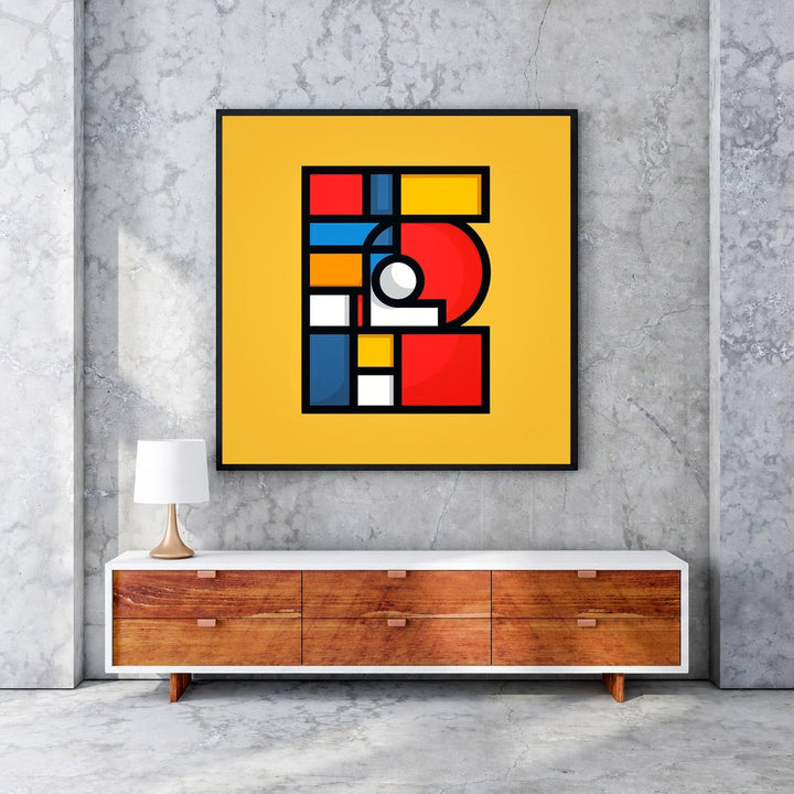Wadi Home abstract geometric wall art with yellow background, red, blue, and white shapes. Modern art.