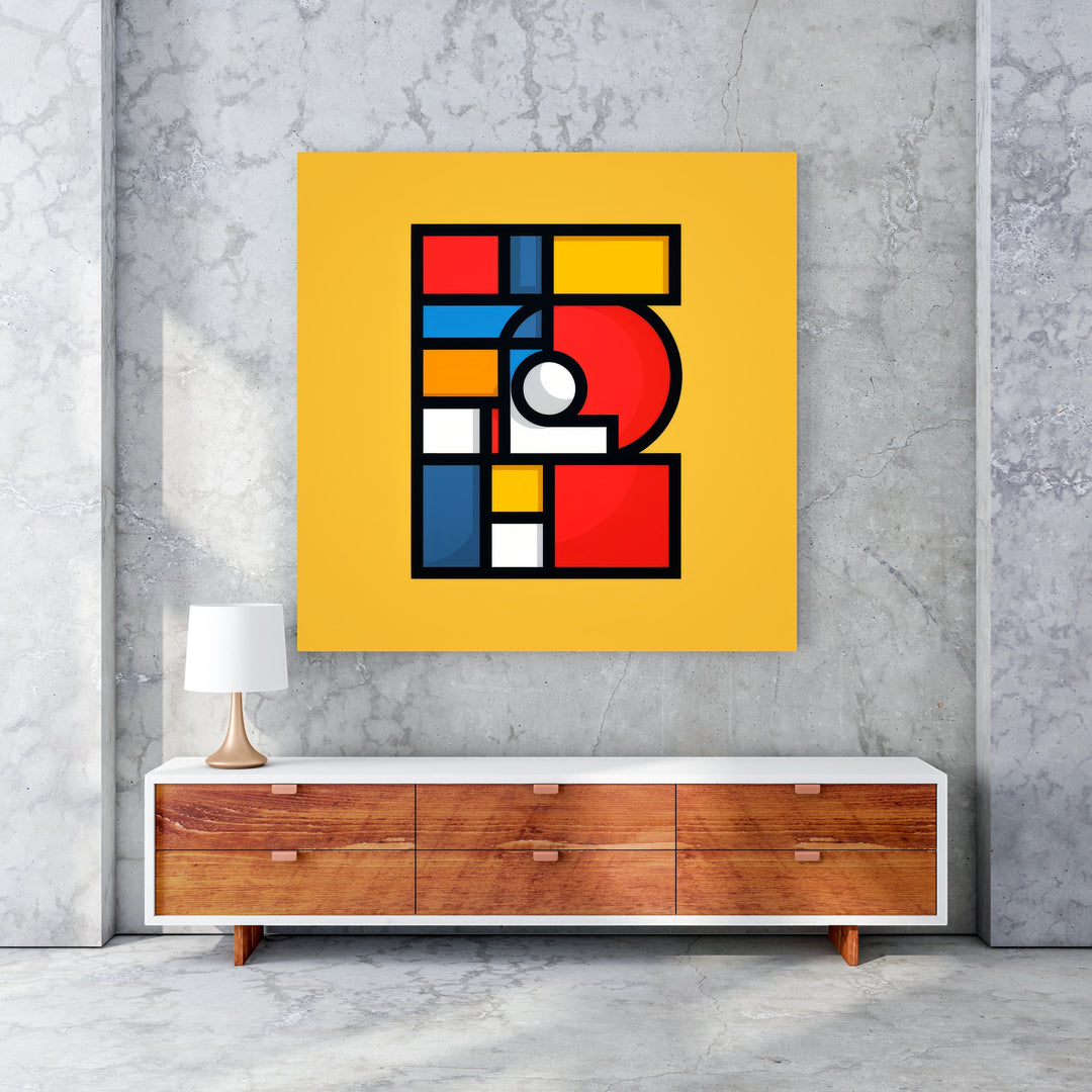 Wadi Home abstract geometric wall art with yellow background, red, blue, and white shapes.