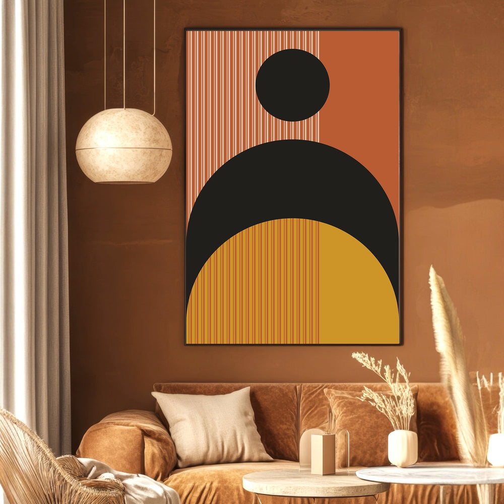 Wadi Home abstract geometric wall art print featuring terracotta, black, and mustard circles in a modern living room.