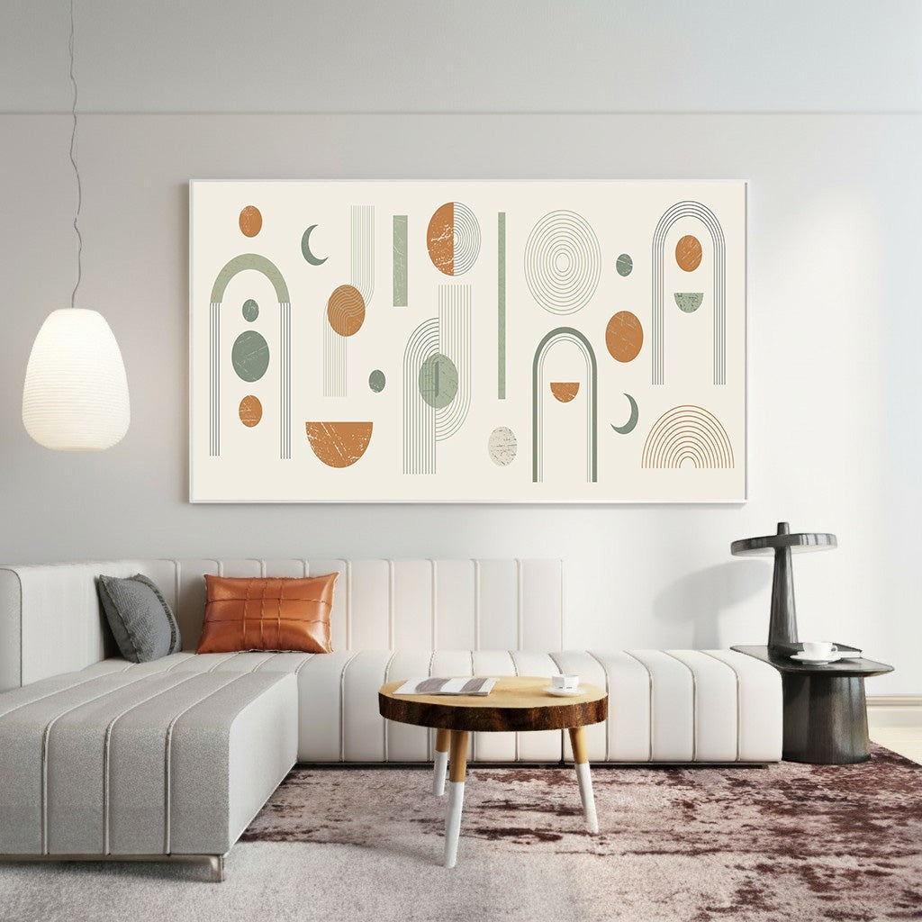 Wadi Home large abstract geometric wall art with sage green, terracotta, and cream shapes above a modern sofa.