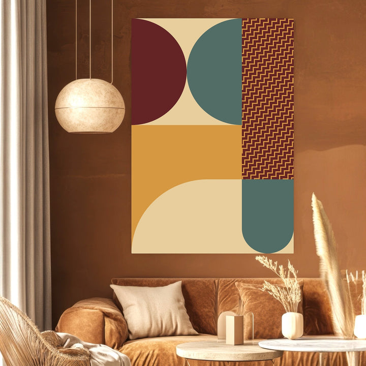 Wadi Home abstract geometric wall art print with burgundy, teal, and mustard shapes in a modern living room.