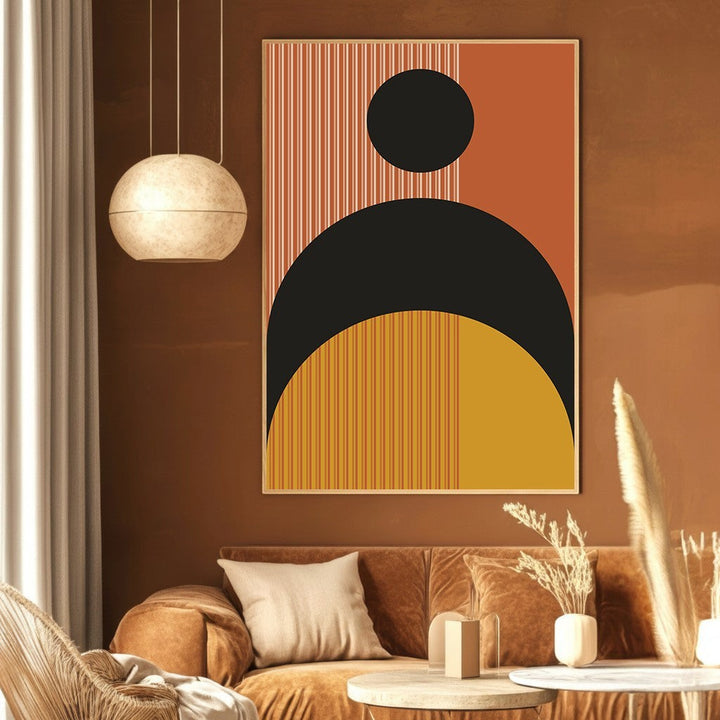 Wadi Home abstract geometric wall art print with terracotta, black, and mustard circles in a modern living room.