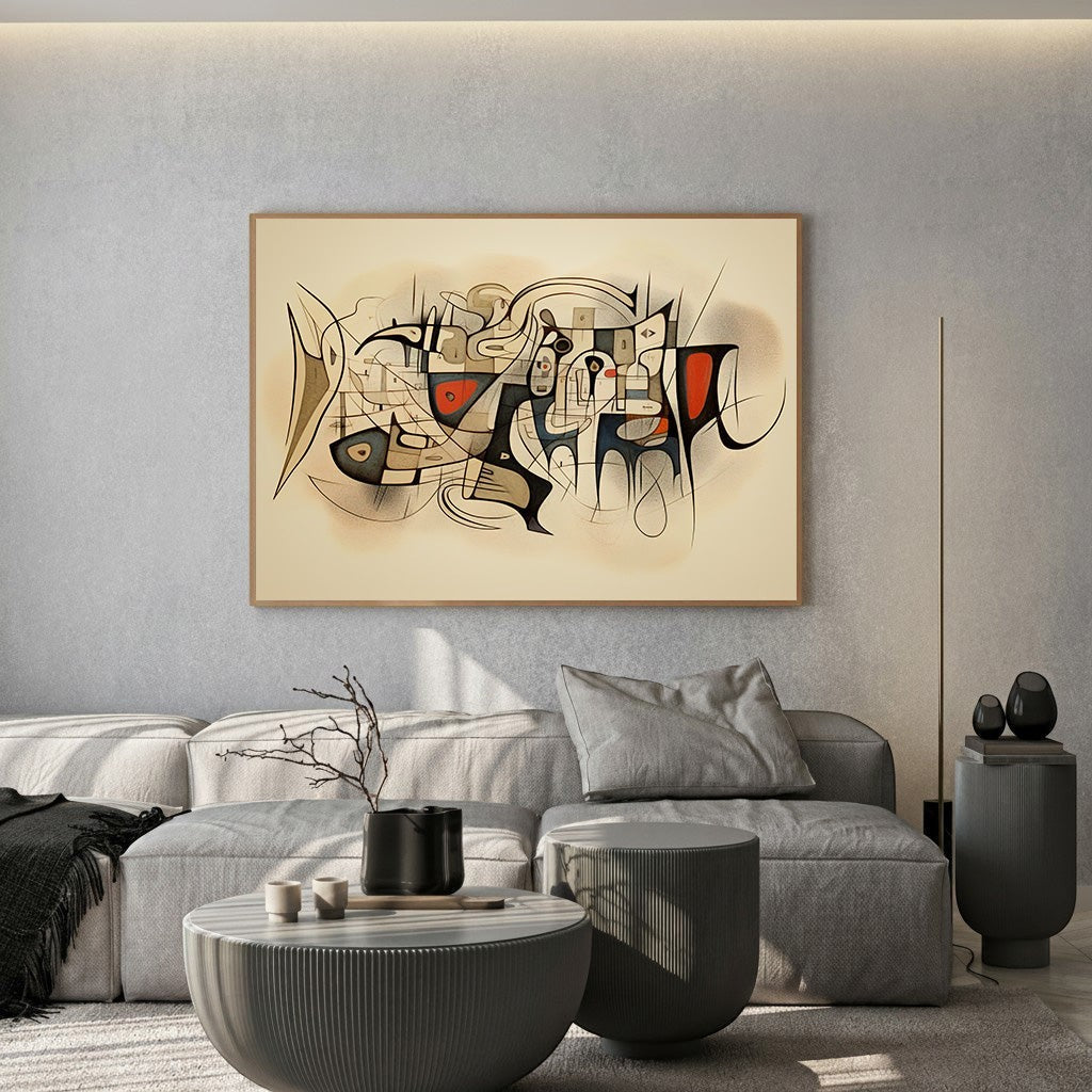 Wadi Home abstract geometric wall art with cream, black, and red accents in a natural wood frame above a grey sofa.