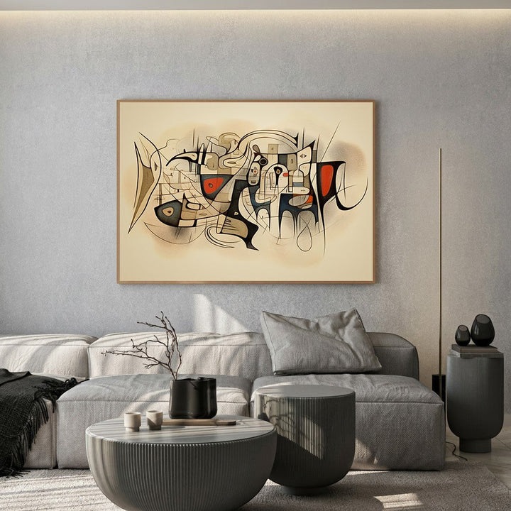 Wadi Home abstract geometric wall art with cream, black, and red accents in a natural wood frame above a grey sofa.