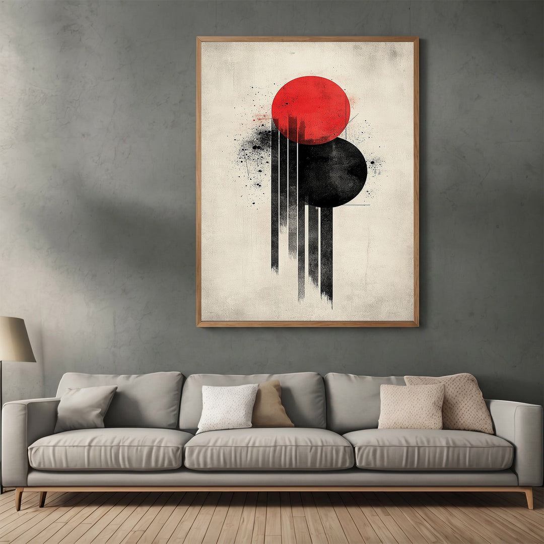 Wadi Home abstract geometric wall art with red and black circles and brushstrokes in a modern living room.