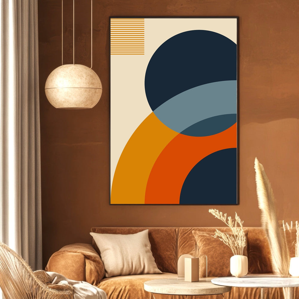 Wadi Home abstract geometric wall art print with navy, terracotta, and blue circles in a modern living room.