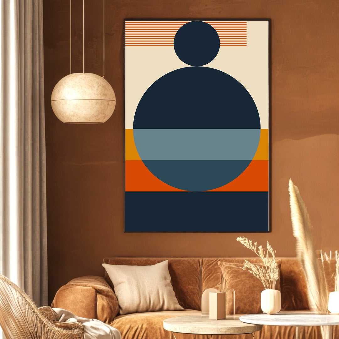 Wadi Home abstract geometric wall art print featuring navy, blue, and burnt orange circles in a modern living room.