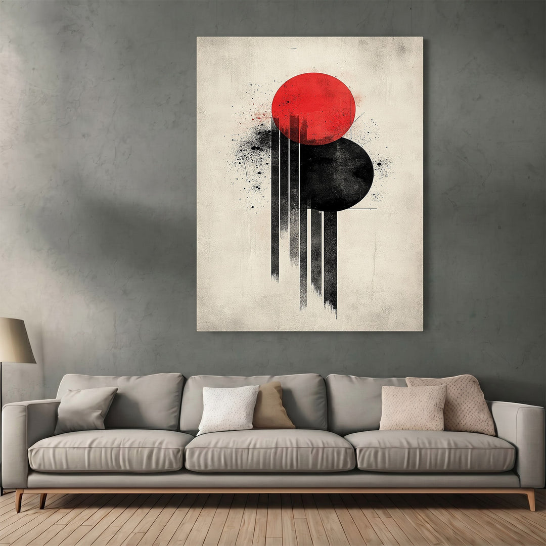 Wadi Home abstract geometric wall art print with red and black circles on a textured off-white background.