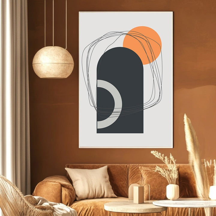 Wadi Home abstract geometric wall art print with charcoal arches and orange circle in a modern living room