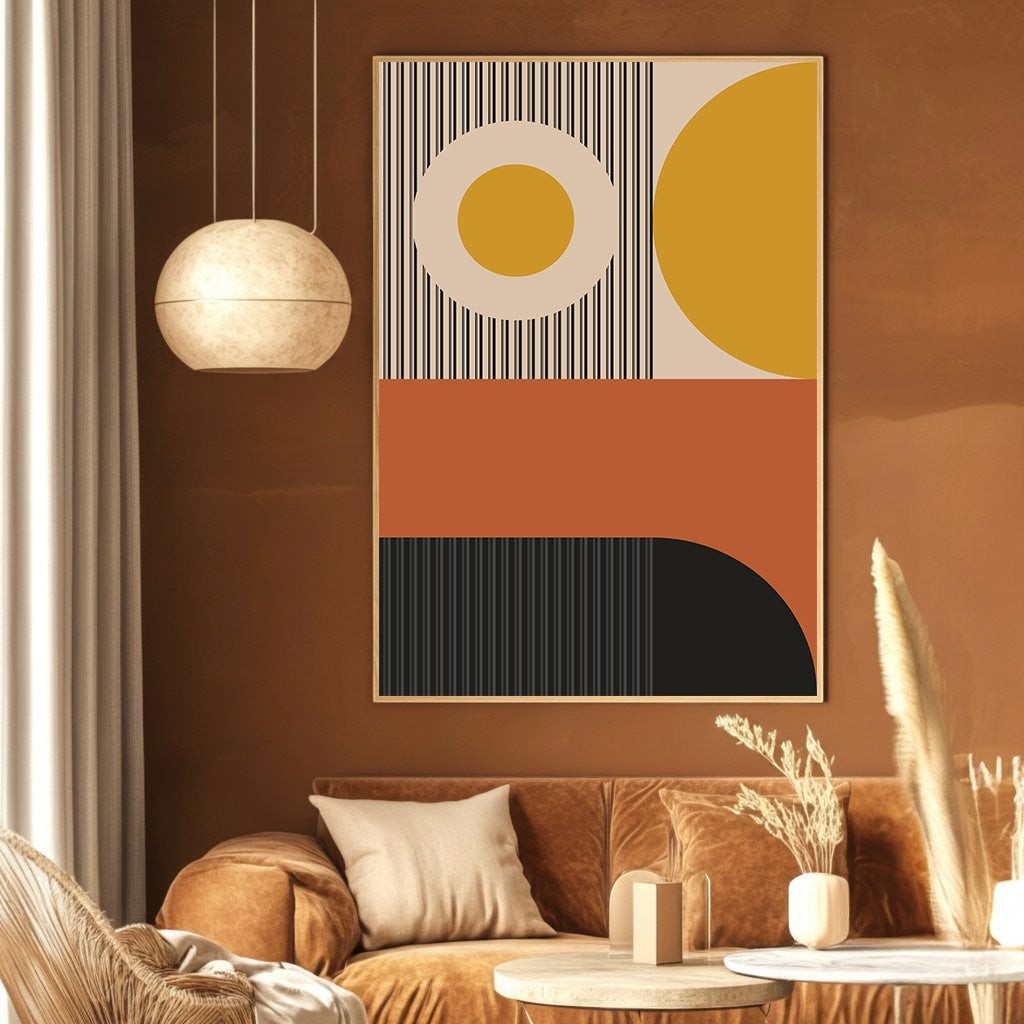 Wadi Home abstract geometric wall art print with ochre, burnt orange, and charcoal shapes in a modern living room.