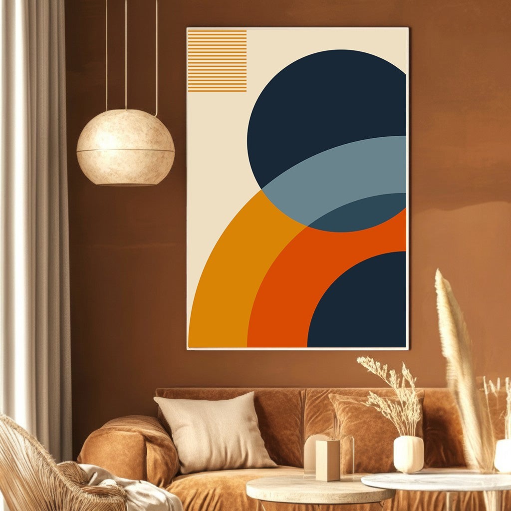Wadi Home abstract geometric wall art print with navy, terracotta, and blue circles on a cream background in a living room
