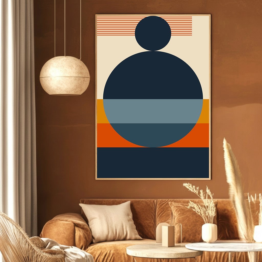 Wadi Home abstract geometric wall art print with navy, blue, and burnt orange circles in a modern living room.