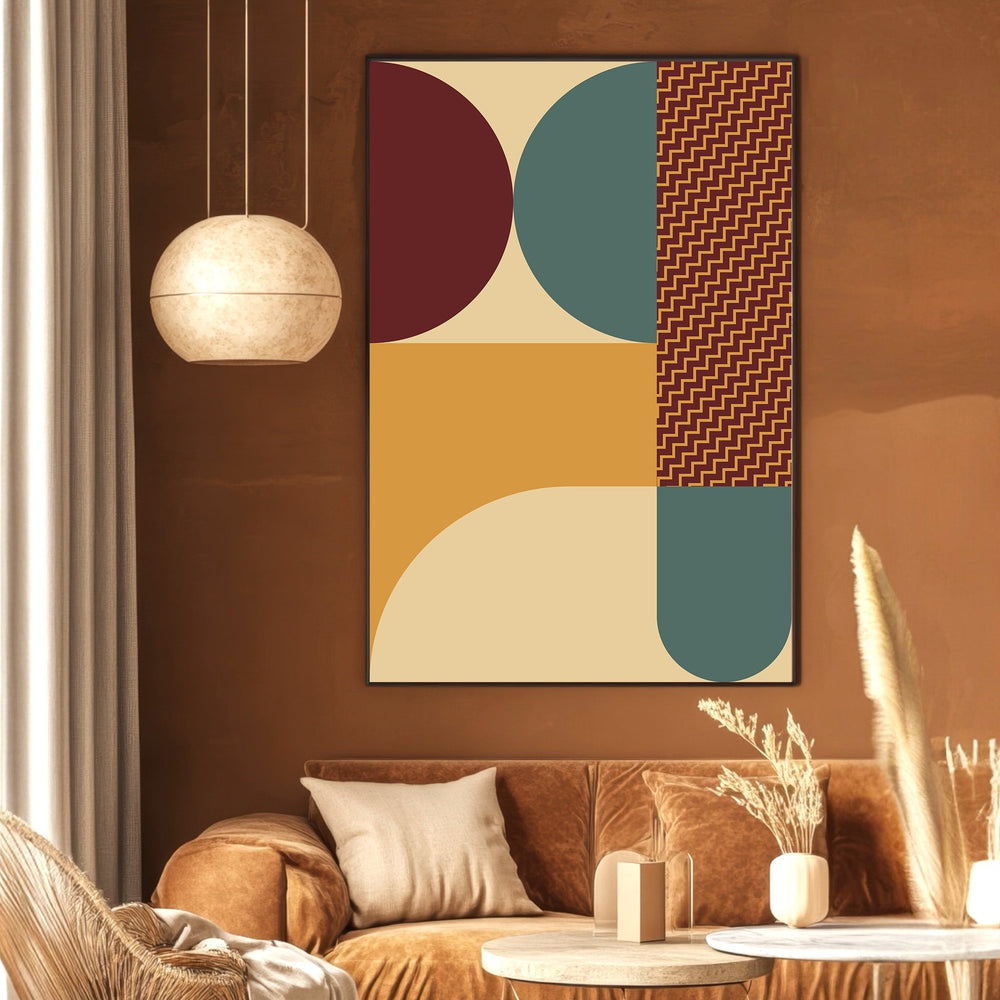 Wadi Home abstract geometric wall art print with burgundy, teal, and mustard shapes in a modern living room.