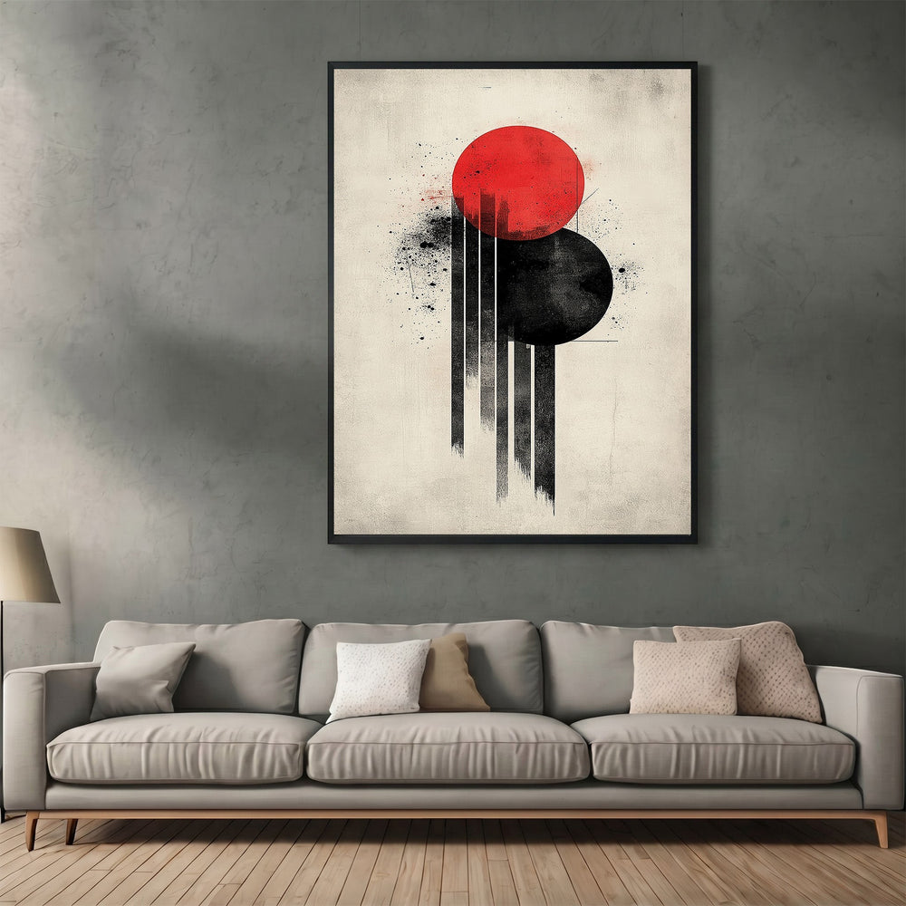 Wadi Home abstract geometric wall art print with red and black circles on an off-white background above a sofa.