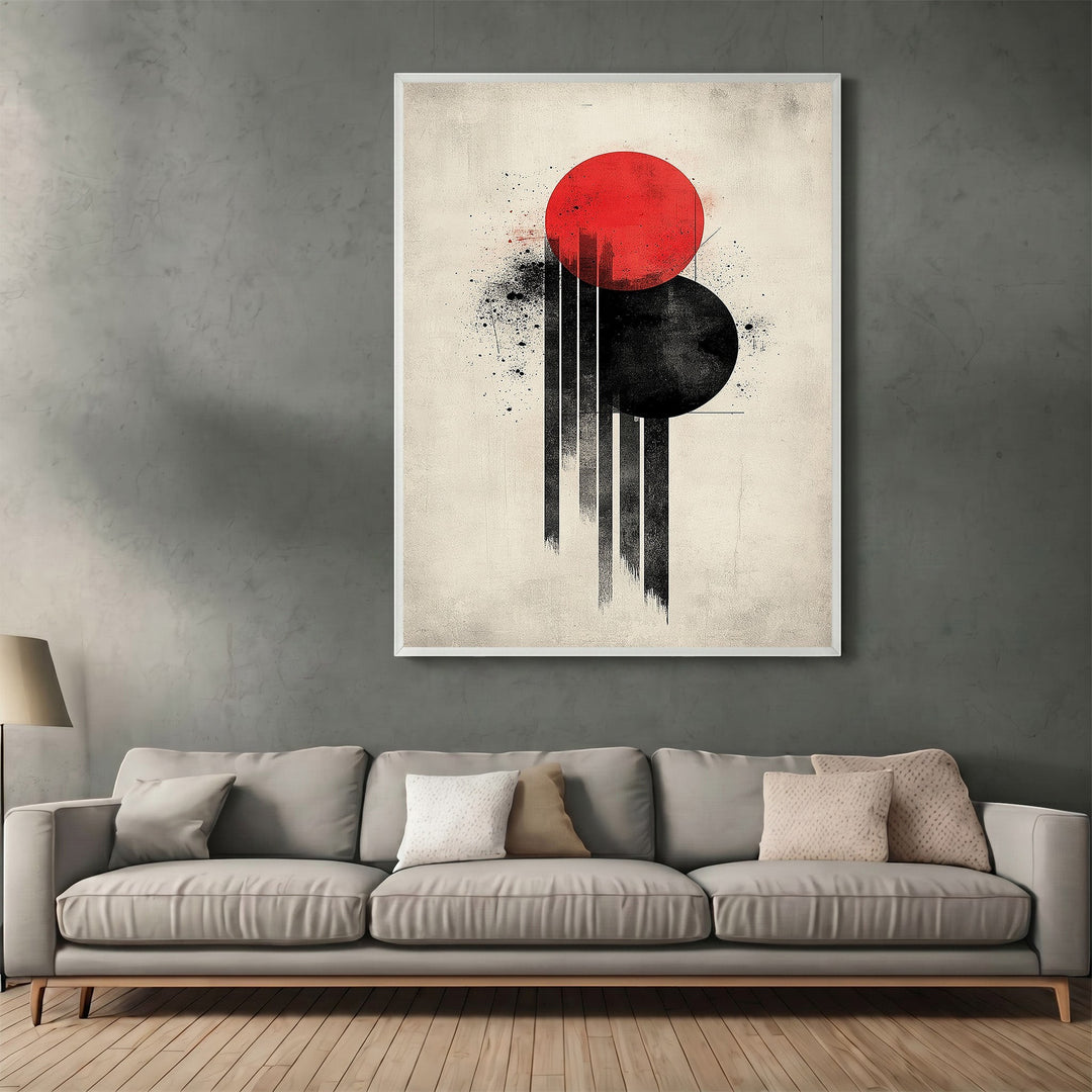 Wadi Home abstract geometric wall art print with red and black circles on a textured off-white background.
