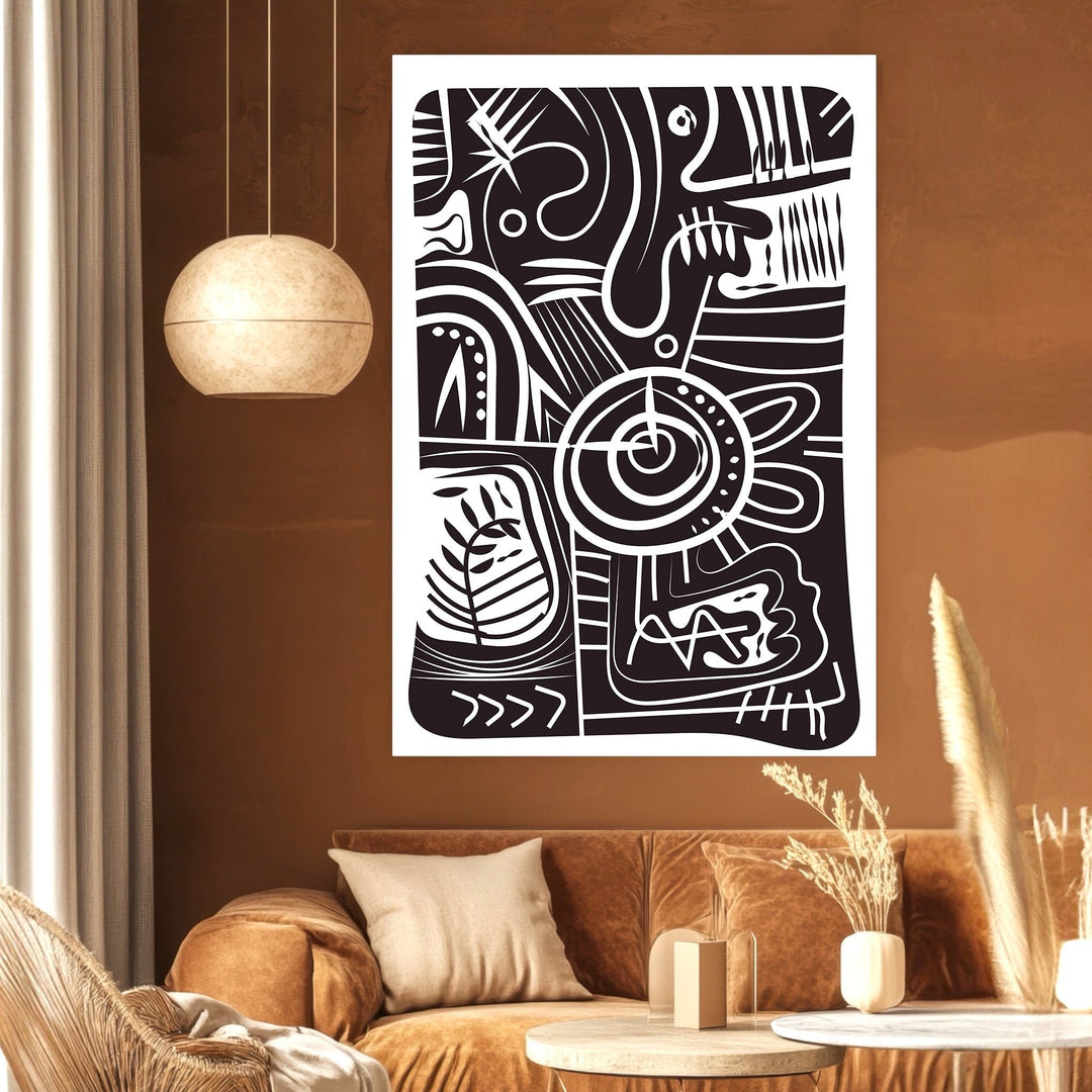 Wadi Home abstract geometric wall art print with black and white organic patterns displayed on a terracotta wall.