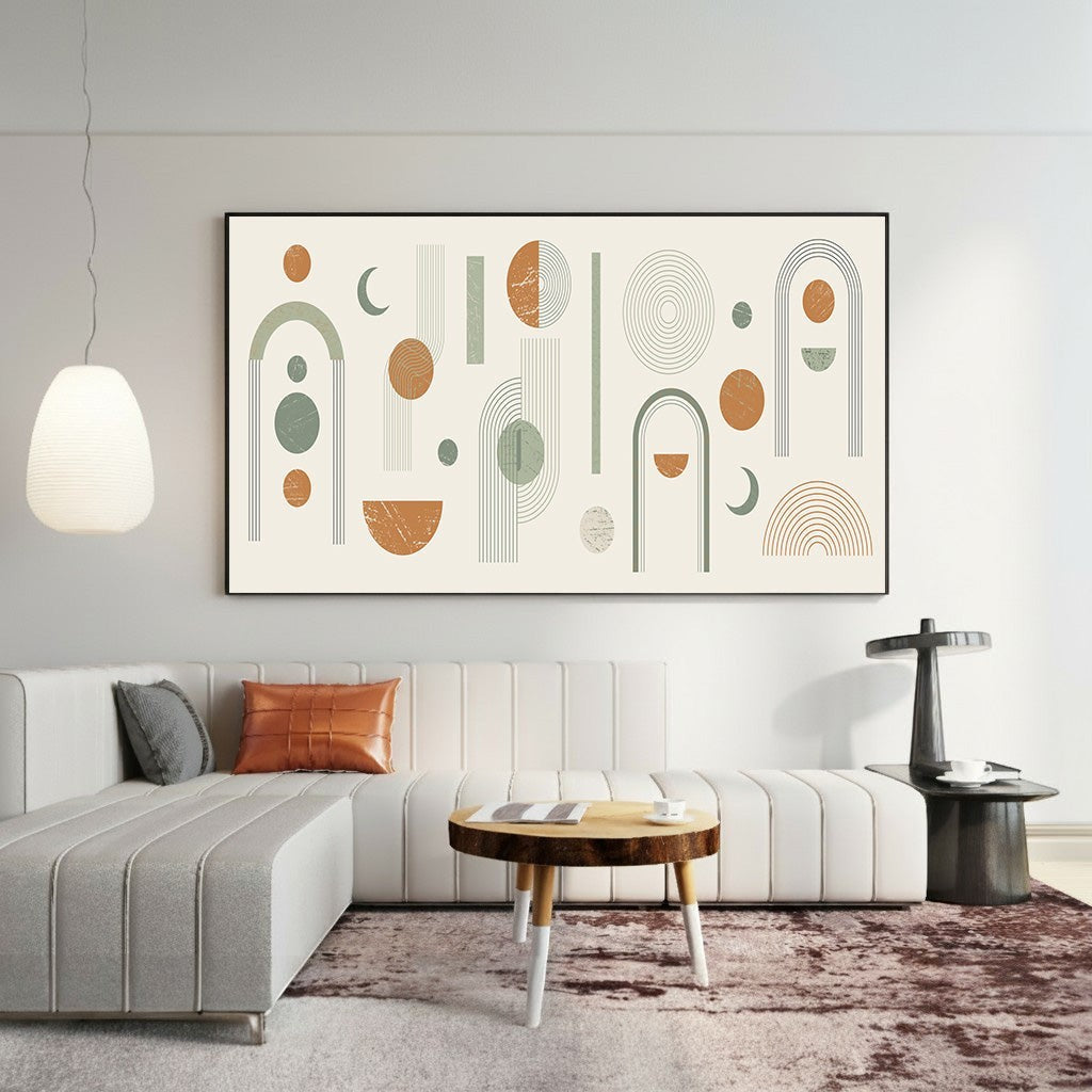 Wadi Home large abstract geometric wall art with sage green, terracotta, and cream shapes in a modern living room.