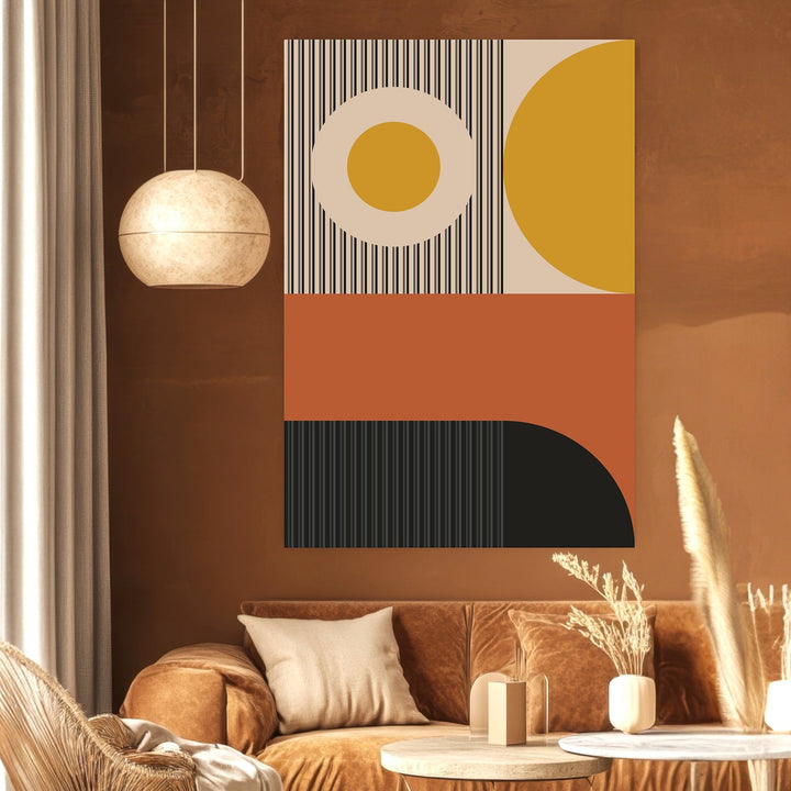 Wadi Home abstract geometric wall art print with ochre, burnt orange, and charcoal shapes in a modern living room.