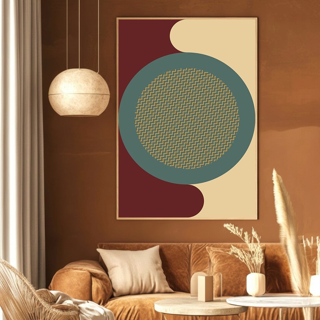 Wadi Home abstract geometric wall art print with burgundy, teal, and cream shapes and a golden zigzag circle motif.
