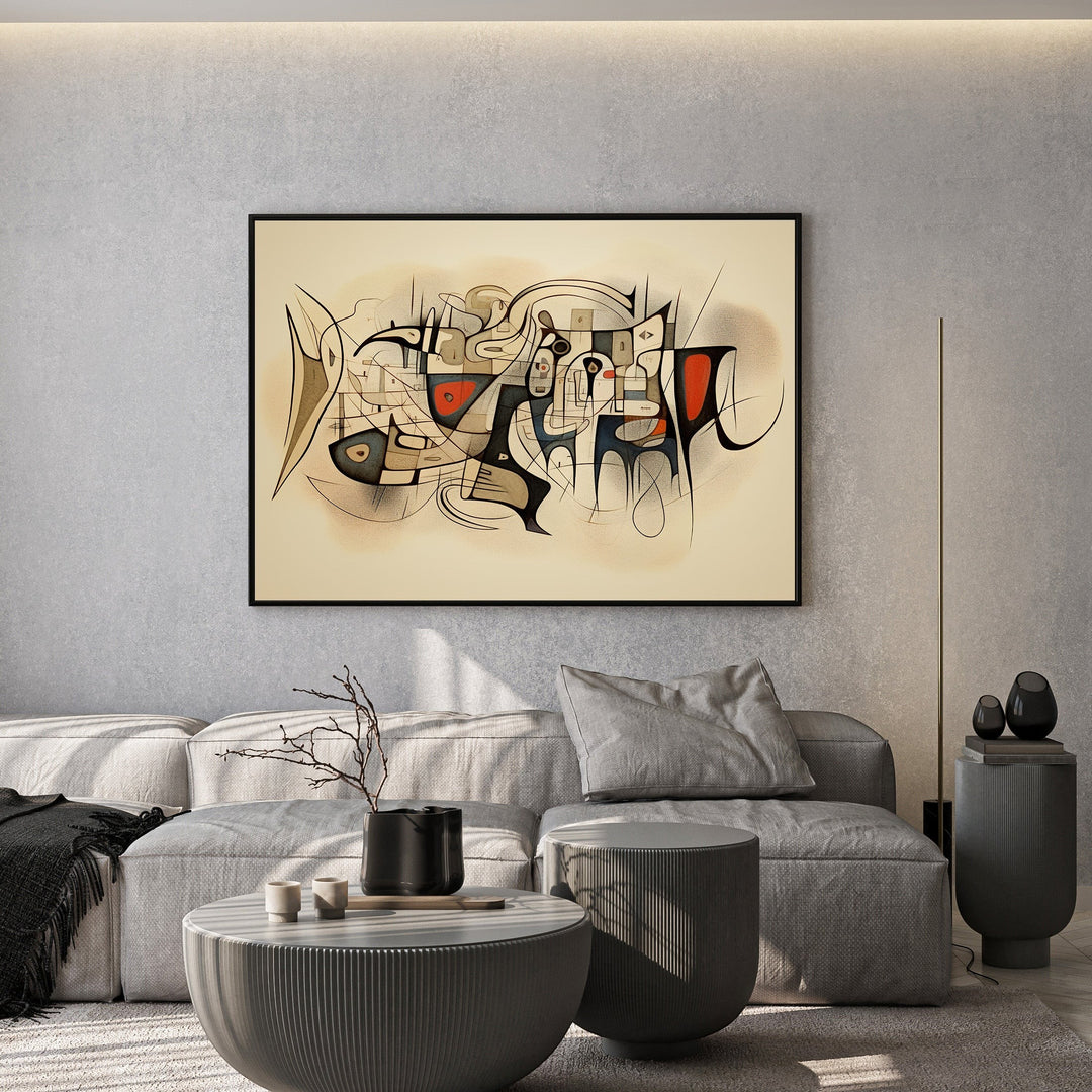 Wadi Home abstract geometric wall art print with cream, black, and red accents in a modern living room setting.