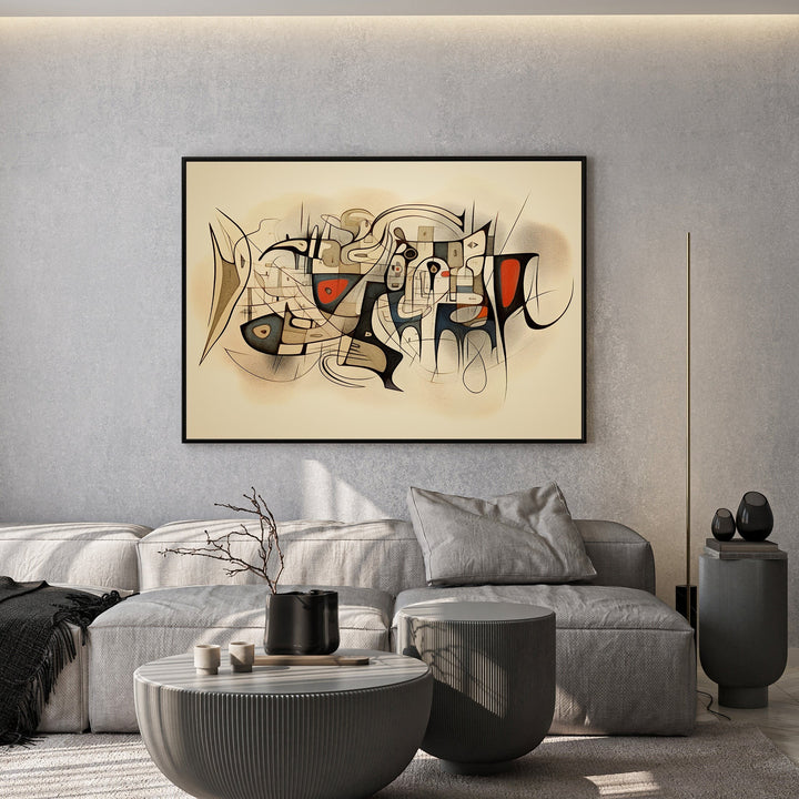 Wadi Home abstract geometric wall art print with cream, black, and red accents in a modern living room setting.