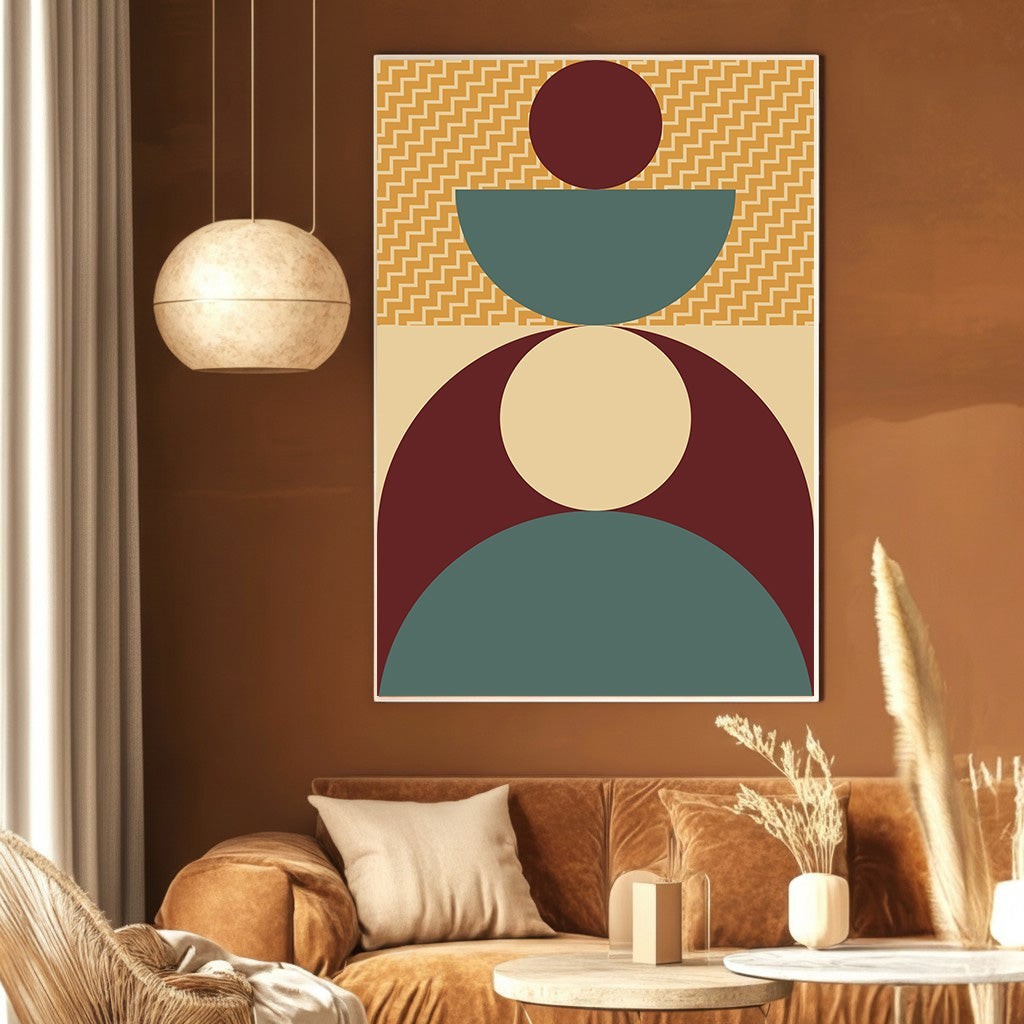 Wadi Home abstract geometric wall art print featuring burgundy, teal, and mustard yellow shapes in a modern living room