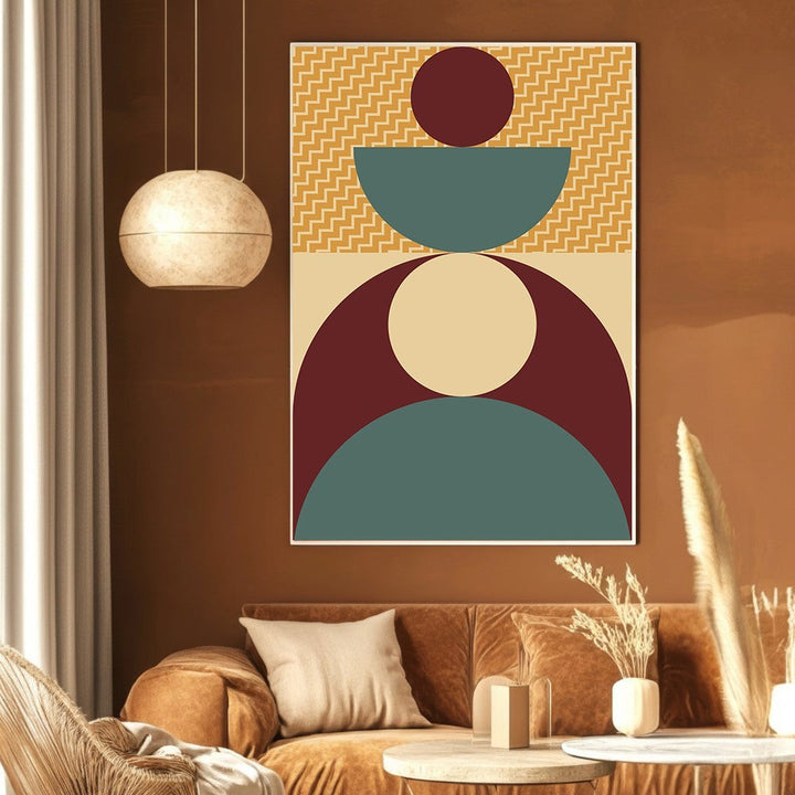 Wadi Home abstract geometric wall art print featuring burgundy, teal, and mustard yellow shapes in a modern living room