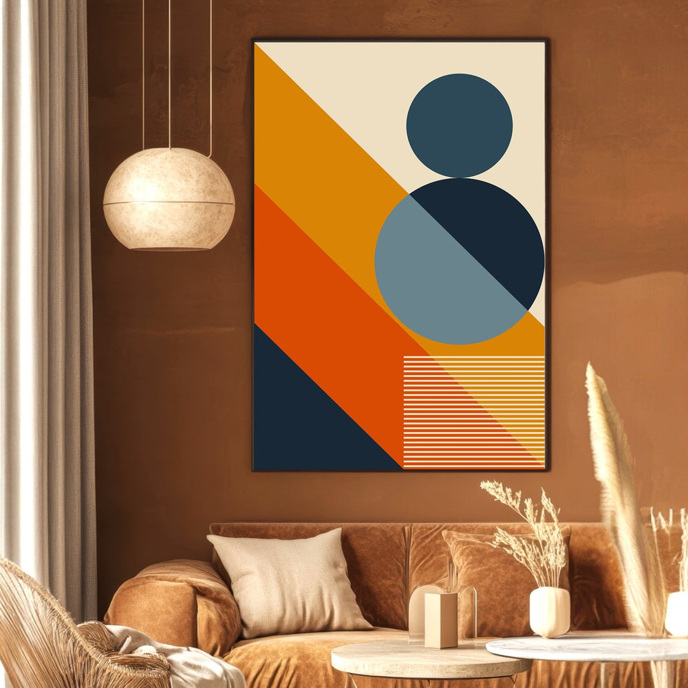 Wadi Home abstract geometric wall art print featuring navy, orange, and yellow shapes in a modern living room setting.