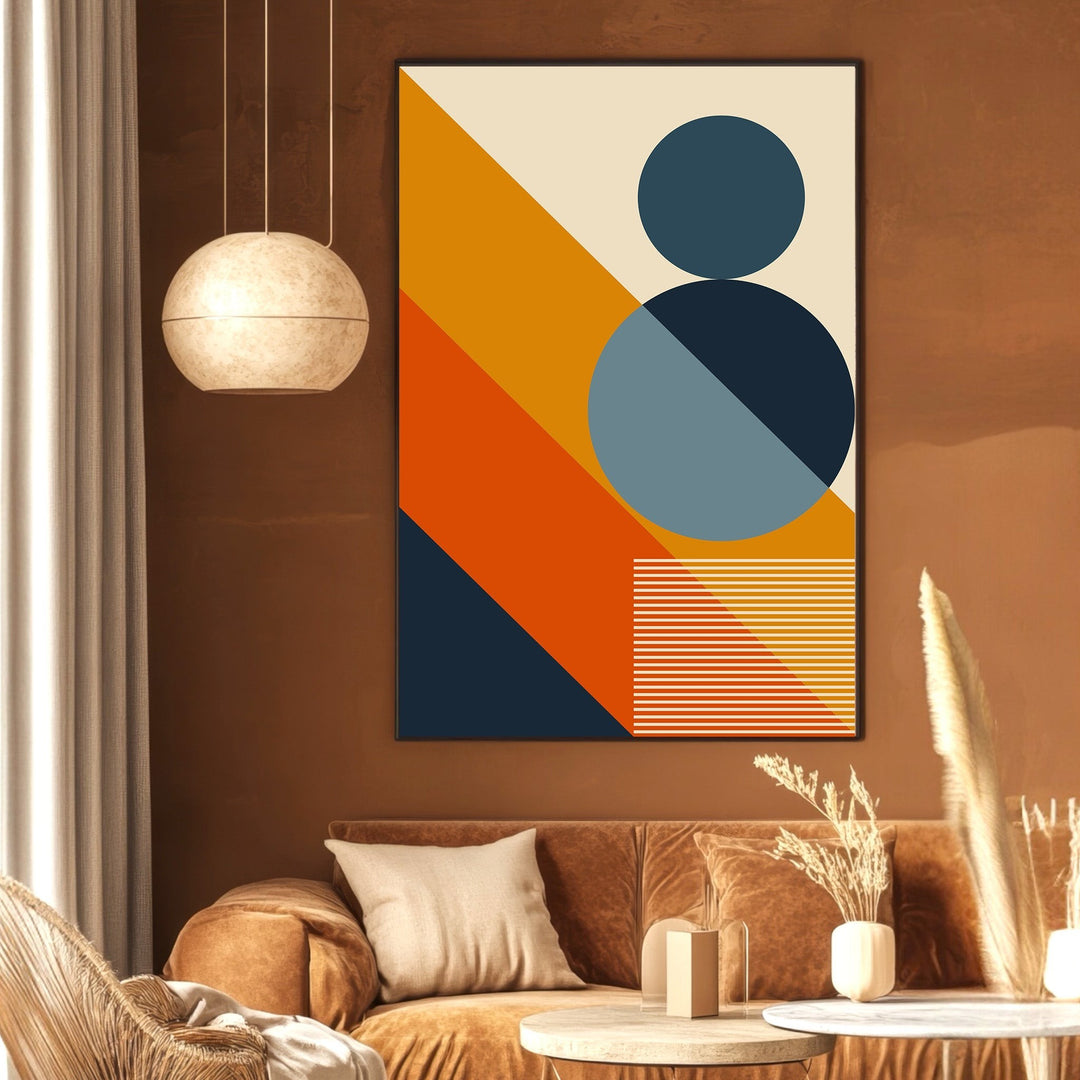 Wadi Home abstract geometric wall art print featuring navy, orange, and yellow shapes in a modern living room setting.