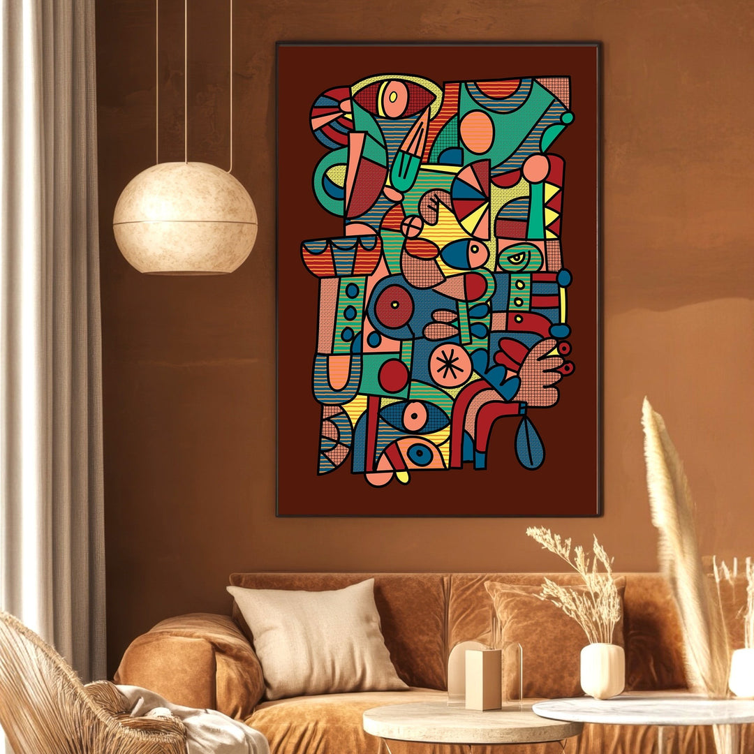 Wadi Home abstract geometric wall art print with vibrant shapes and patterns displayed in a modern living room.