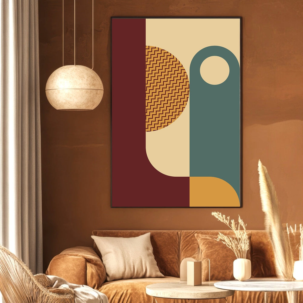 Wadi Home abstract geometric wall art print with burgundy, teal, and mustard shapes in a modern living room setting.