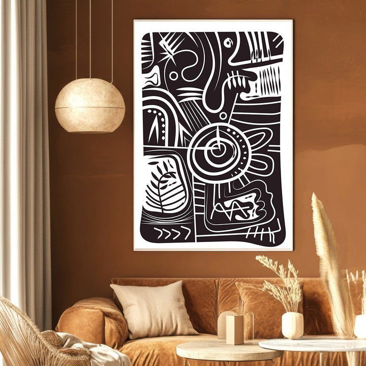 Wadi Home abstract geometric wall art print with black and white organic patterns displayed in a modern living room.