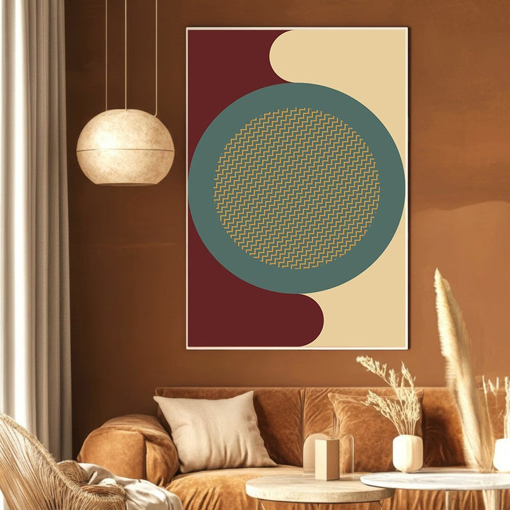 Wadi Home abstract geometric wall art print with burgundy, teal, and cream circles and golden zigzag patterns.