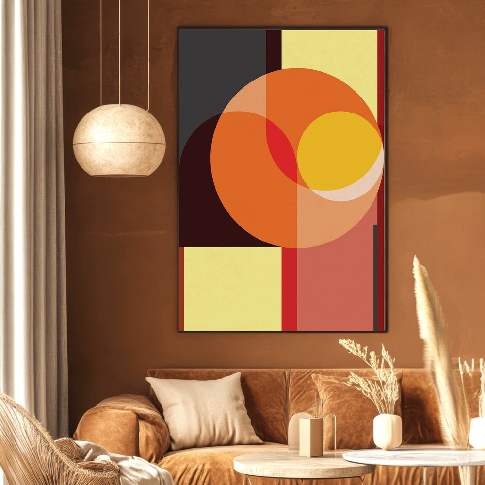 Wadi Home abstract geometric wall art print with orange, charcoal, and yellow shapes in a modern living room setting.