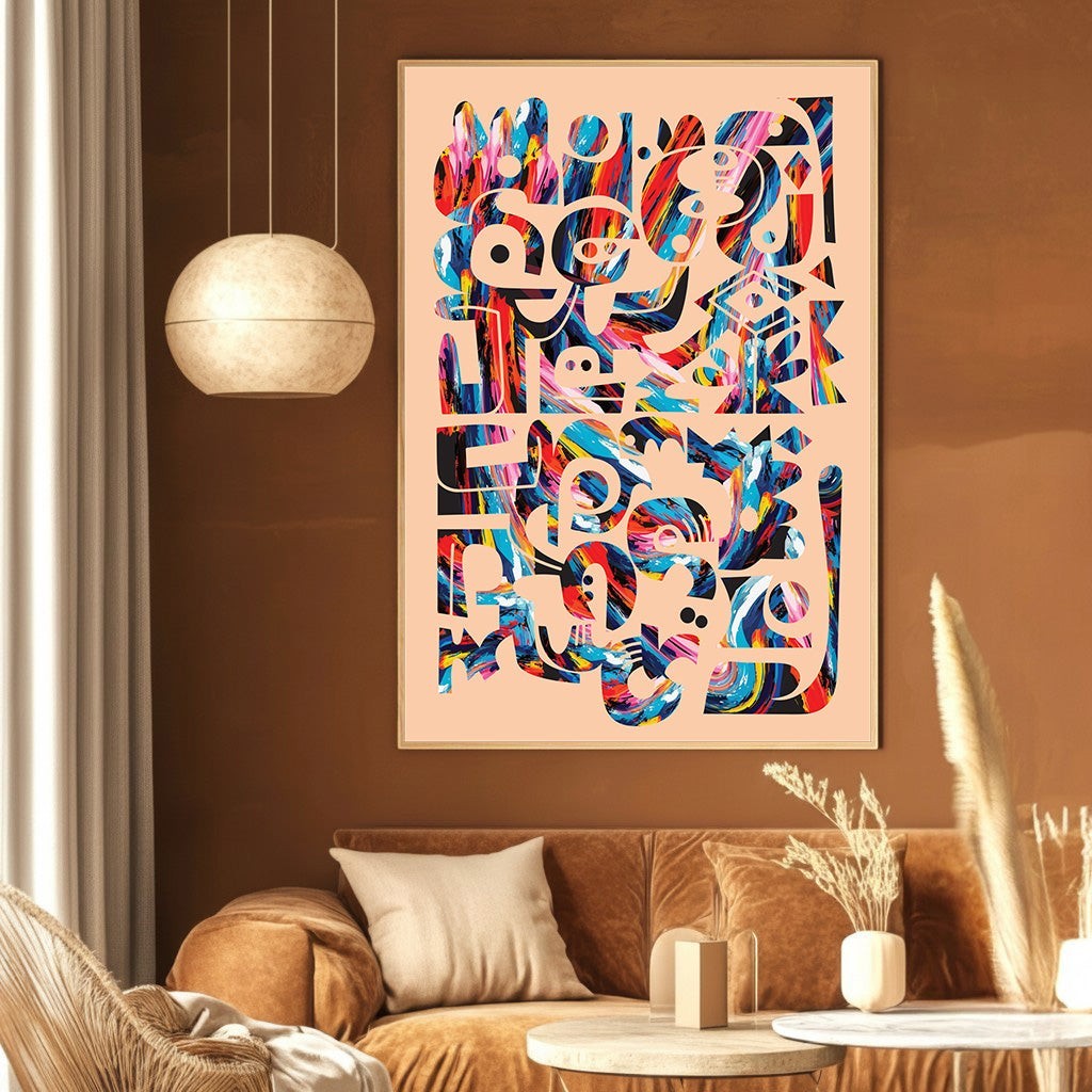 Wadi Home abstract geometric wall art print with vibrant blue, red, and yellow shapes on a neutral background in a living room