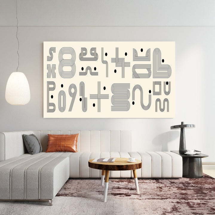 Wadi Home abstract geometric line art print with black rhythmic patterns on a cream background in a modern living room