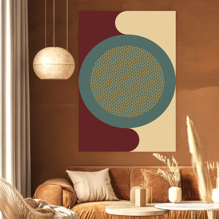 Wadi Home abstract geometric wall art print with burgundy, teal, and cream circles and gold zigzag patterns.