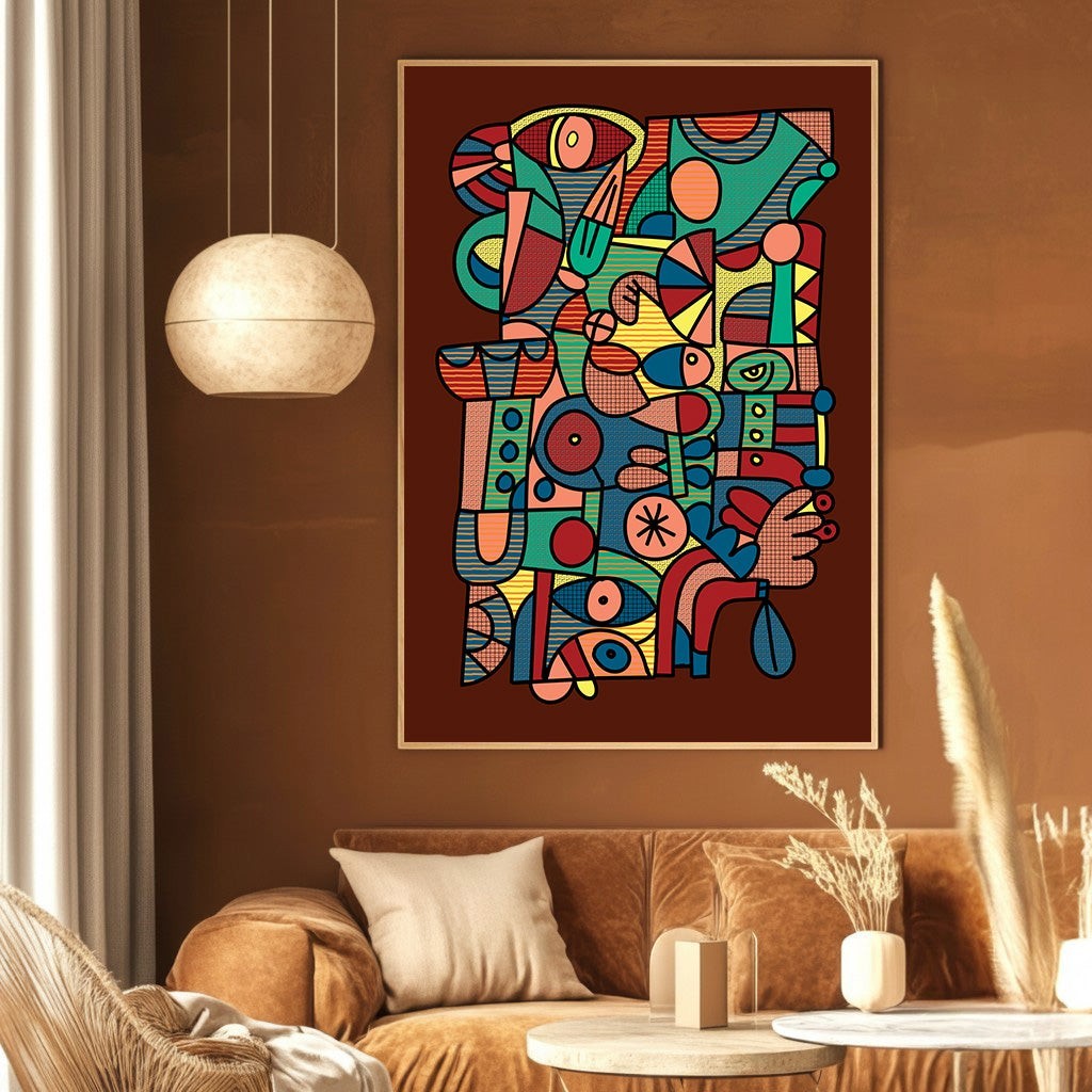 Wadi Home abstract geometric wall art print with vibrant shapes on a deep brown background in a modern living room.