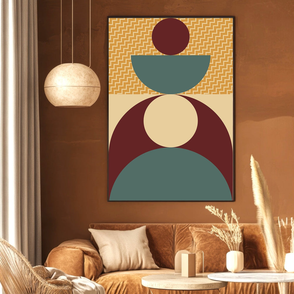 Wadi Home abstract geometric wall art print featuring circles and zigzag patterns in burgundy, teal, and mustard.