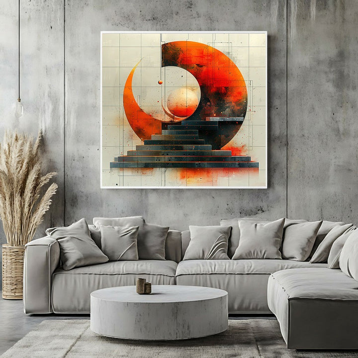 Wadi Home abstract geometric wall art print featuring a fiery orange celestial circle and staircase in a modern room.