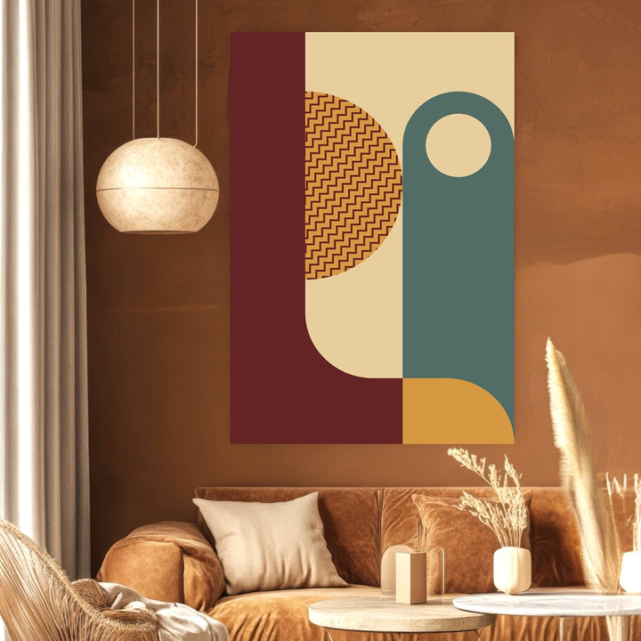 Wadi Home abstract geometric wall art print with burgundy, teal, and mustard shapes on a cream background.