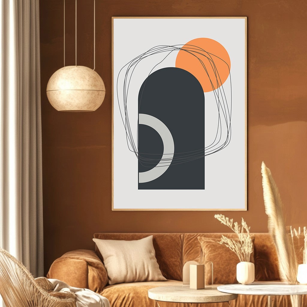Wadi Home abstract geometric wall art print featuring charcoal arches and an orange circle in a modern living room